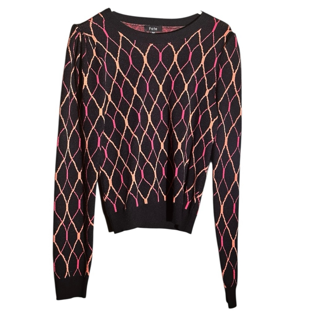 Fate Long Sleeve Pink, Orange and Black Geometric Sweater Size Medium 📦